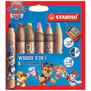 Stabilo Woody 3 en 1 Patrulla Canina Pack de 8 Lapices de Colores con Diseños de la Patrulla Canina + Sacapuntas - Lapiz de Color, Cera y Acuarela, To