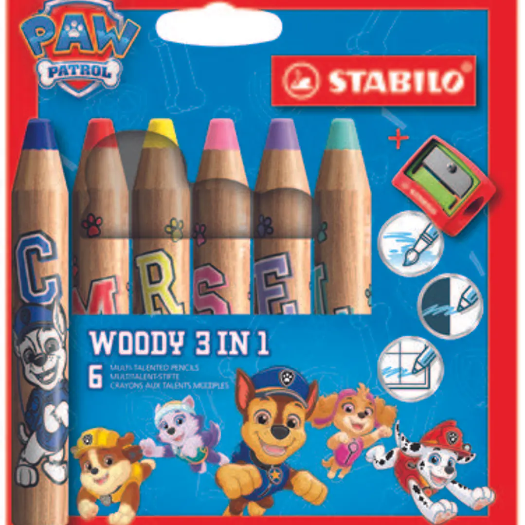 Stabilo Woody 3 en 1 Patrulla Canina Pack de 8 Lapices de Colores con Diseños de la Patrulla Canina + Sacapuntas - Lapiz de Color, Cera y Acuarela, To 1
