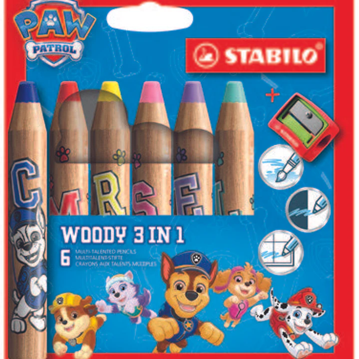 Stabilo Woody 3 en 1 Patrulla Canina Pack de 8 Lapices de Colores con Diseños de la Patrulla Canina + Sacapuntas - Lapiz de Color, Cera y Acuarela, To 1