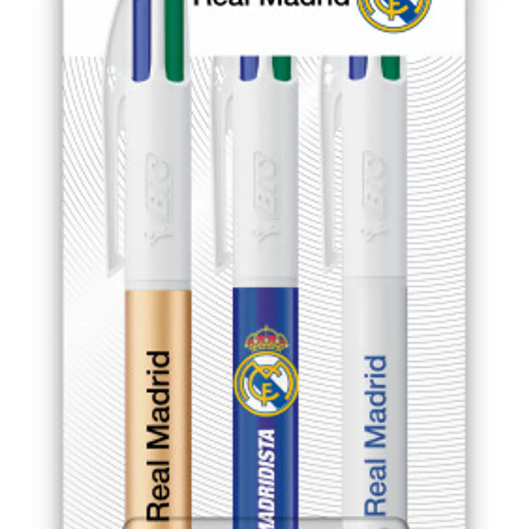 Bic 4 Colours Real Madrid CF Pack con 3 Boligrafos de Bola Retractil - 3 Diseños Diferentes - Punta Media de 1.0mm 1