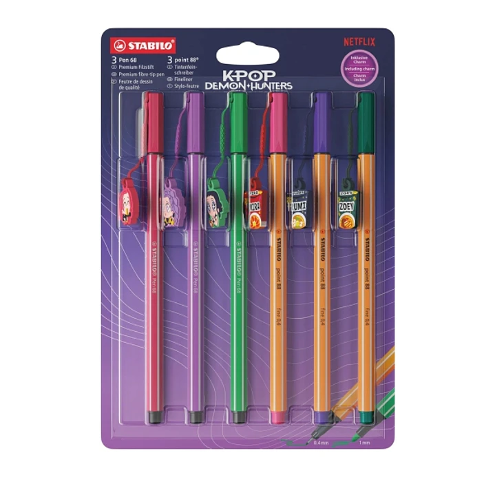Stabilo Pen 68 y Point 88 K-Pop Demon Hunter Pack con 3 Rotuladores de Punta de Fibra Point 88 + 3 Rotuladores Pen 68 - Tinta con Base de Agua - Color 1