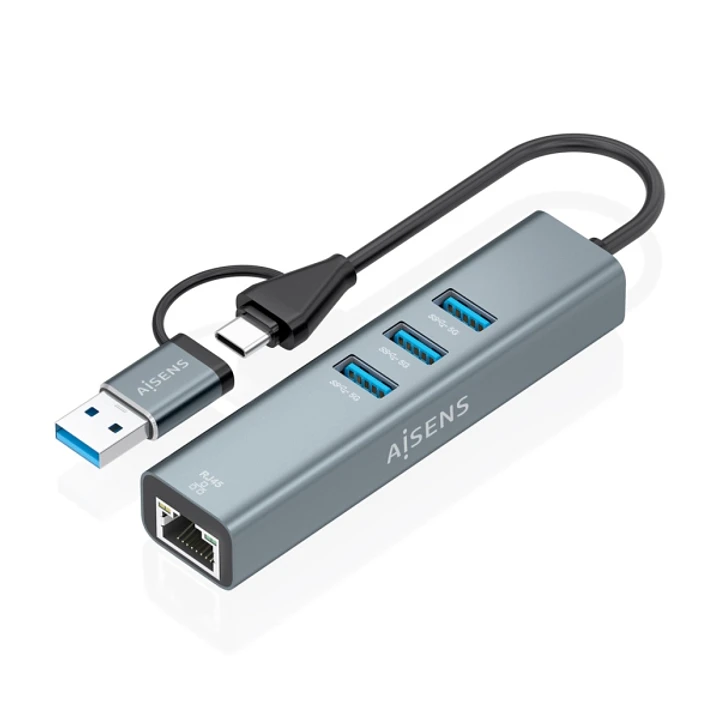 Aisens Conversor USB3.2 Gen1 + USB-C a Ethernet Gigabit 10/100/1000 Mbps - Hub 3xUSB3.0 - 15cm - Color Gris 1