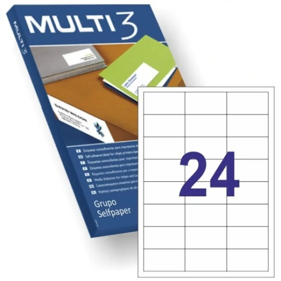 Multi3 Pack de 2.400 Etiquetas Rectangulares Tamaño 64,6x33,8mm - 100 Hojas por 24 Etiquetas - Adhesivo Permanente - Cantos Rectos - Color Blanco 1