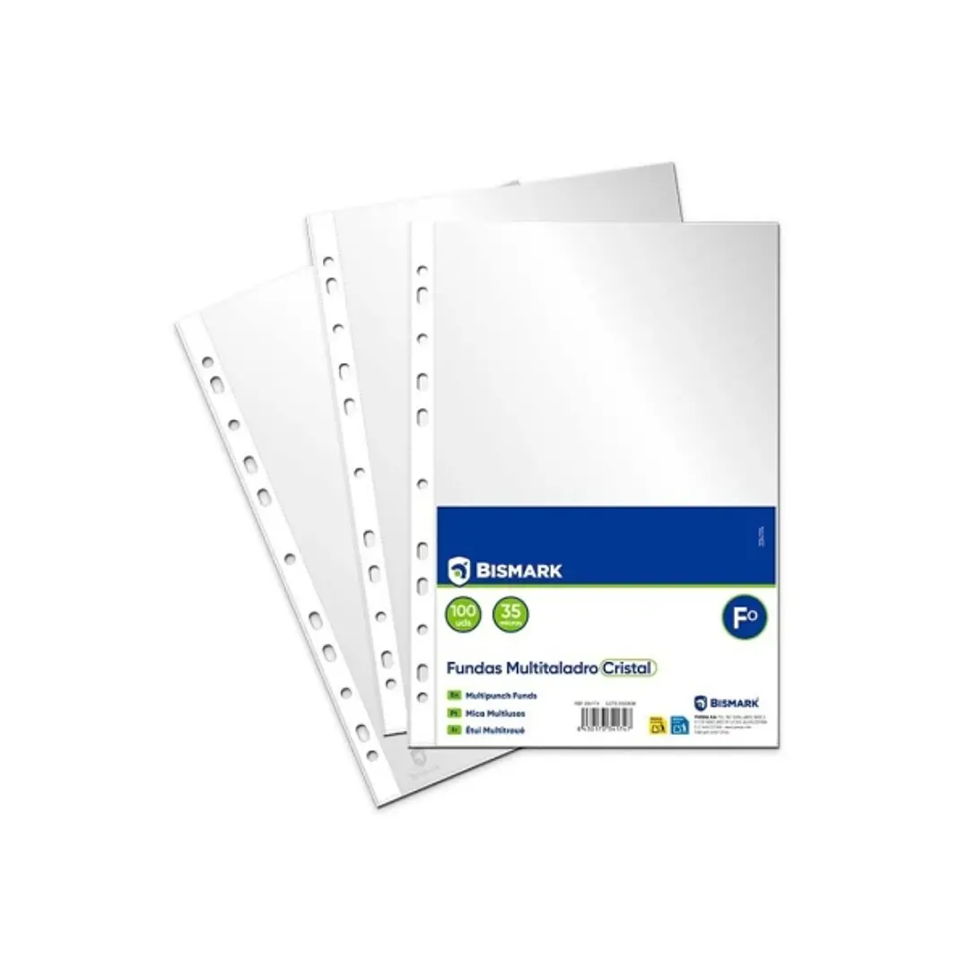 Bismark Pack de 100 Fundas Multitaladro Tamaño Folio 35 Micras - Acabado en Cristal - Ideal para Carpetas con Mecanismo de Anillas 1