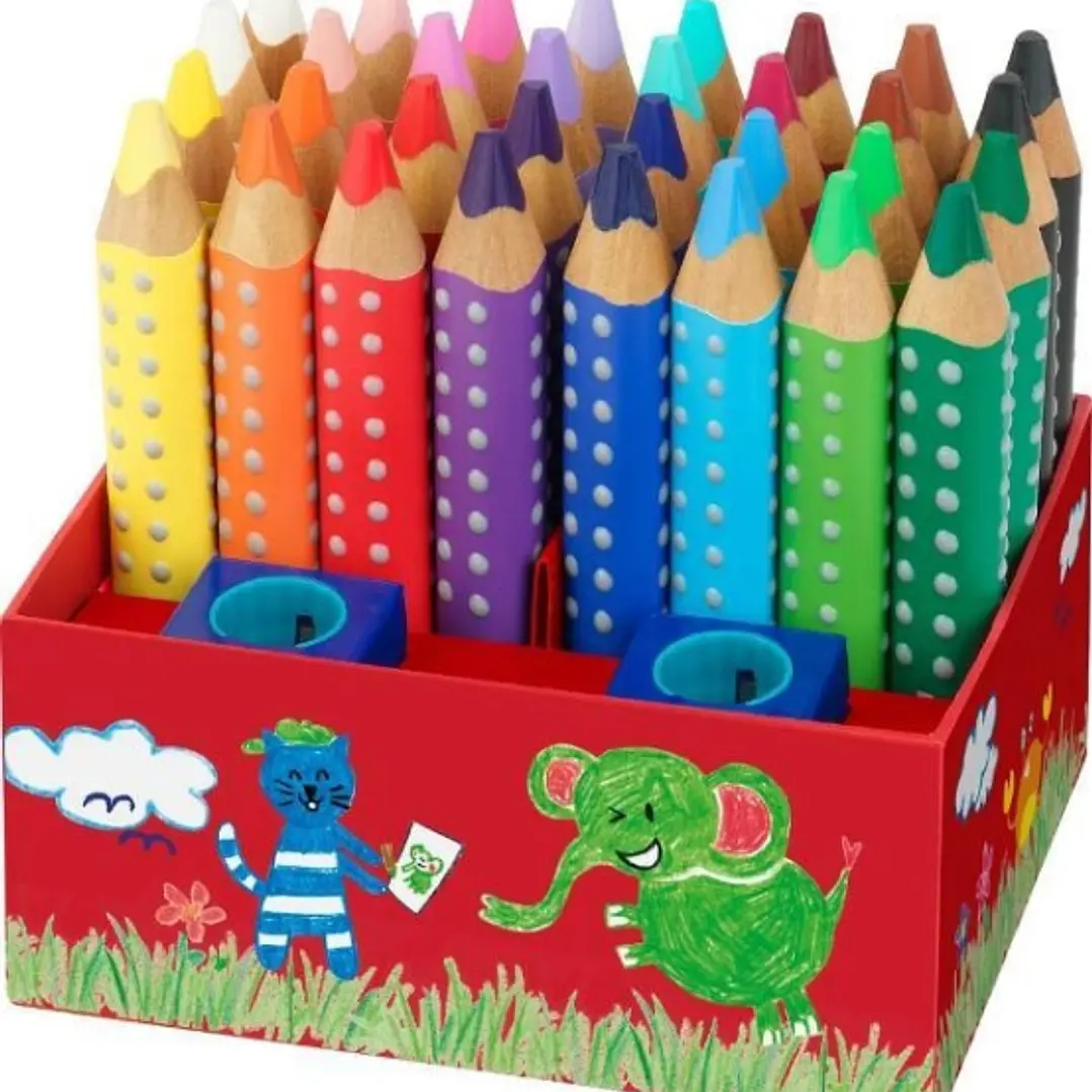 Faber-Castell Grippy Pack con 32 Lapices de Colores Gruesos Mina XXL Suave + 2 Sacapuntas - 2 Lapices por Color - Forma Triangular con Grip - Colores  1