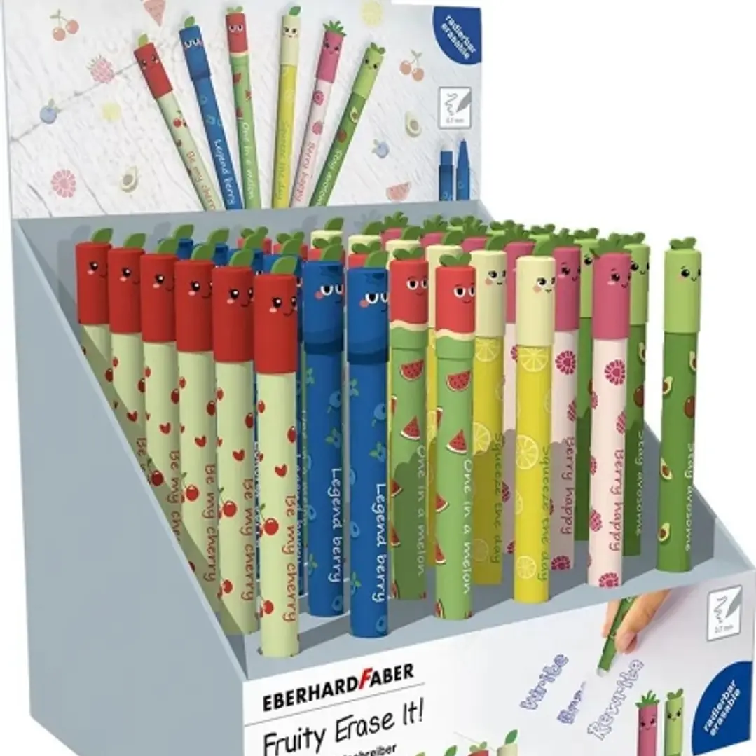 Eberhard Faber Fruity Erase It! Expositor con 36 Boligrafos Borrables - Trazo 0.7mm - Capuchon con Formas de Frutas - Tacto Soft - Tinta de Color Azul 1