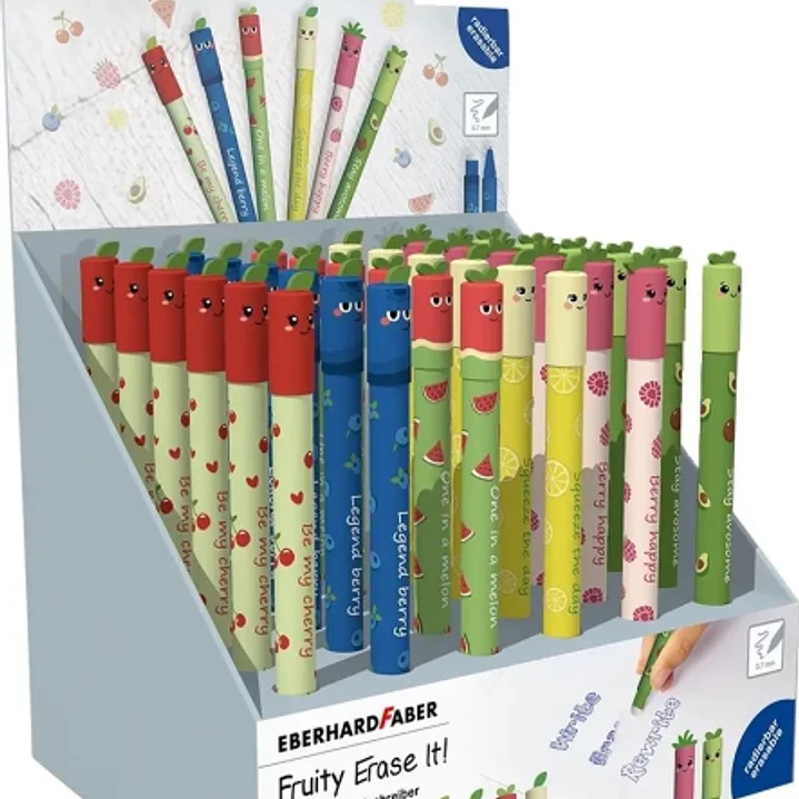 Eberhard Faber Fruity Erase It! Expositor con 36 Boligrafos Borrables - Trazo 0.7mm - Capuchon con Formas de Frutas - Tacto Soft - Tinta de Color Azul 1