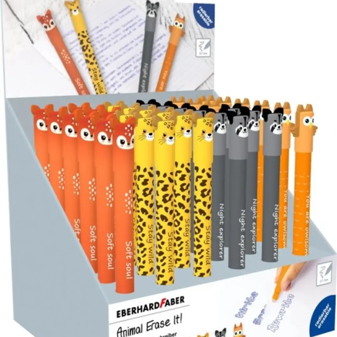 Eberhard Faber Animal Erase It! Expositor con 36 Boligrafos Borrables - Trazo 0.7mm - Capuchon con Formas de Animales - Tacto Soft - Tinta de Color Az 1
