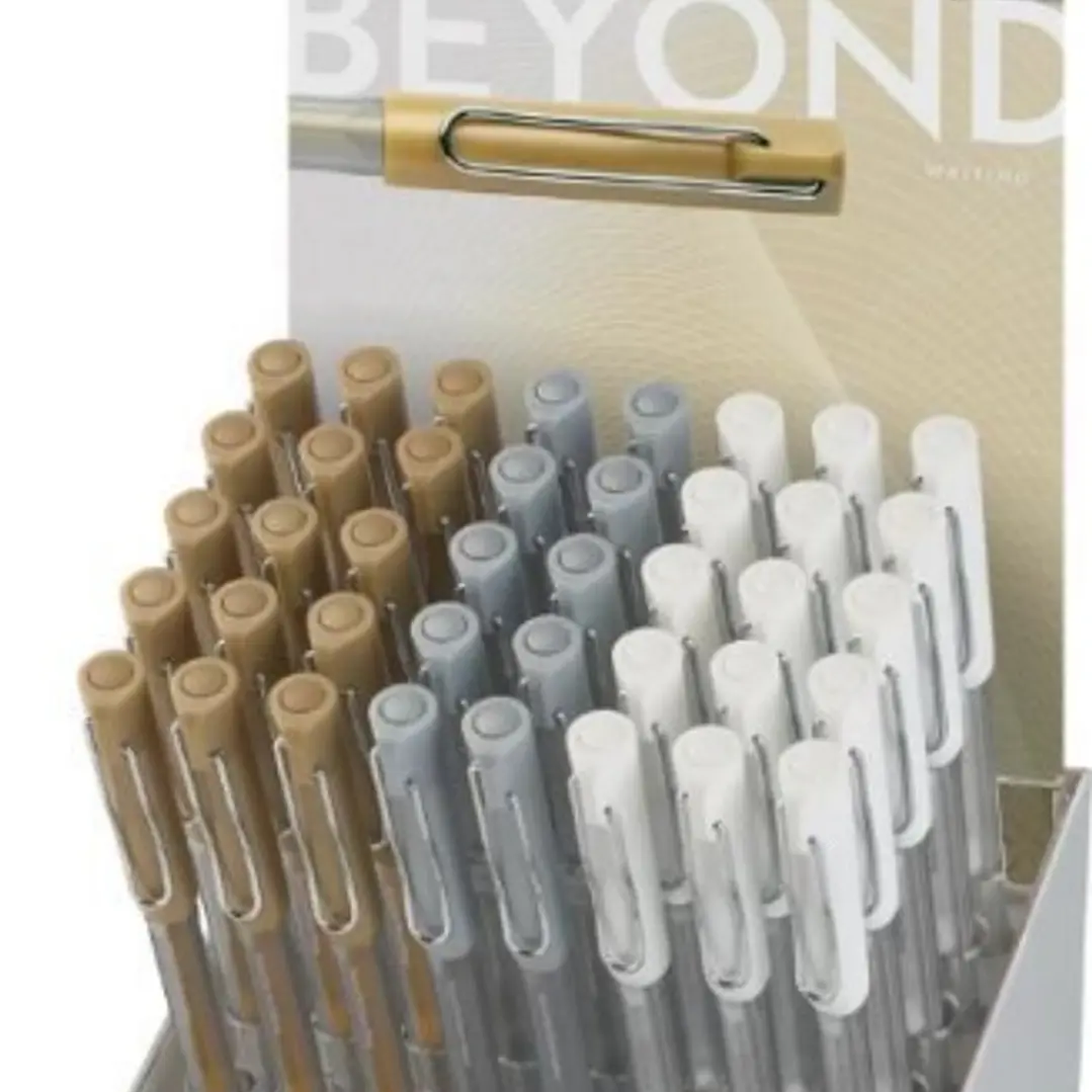 Faber-Castell Artsy Beyond Expositor con 40 Boligrafos de Tinta Gel - Punta de 1mm - Trazo de 0.6mm - Zona de Agarre Engomada - Colores Oro, Plata y B 1