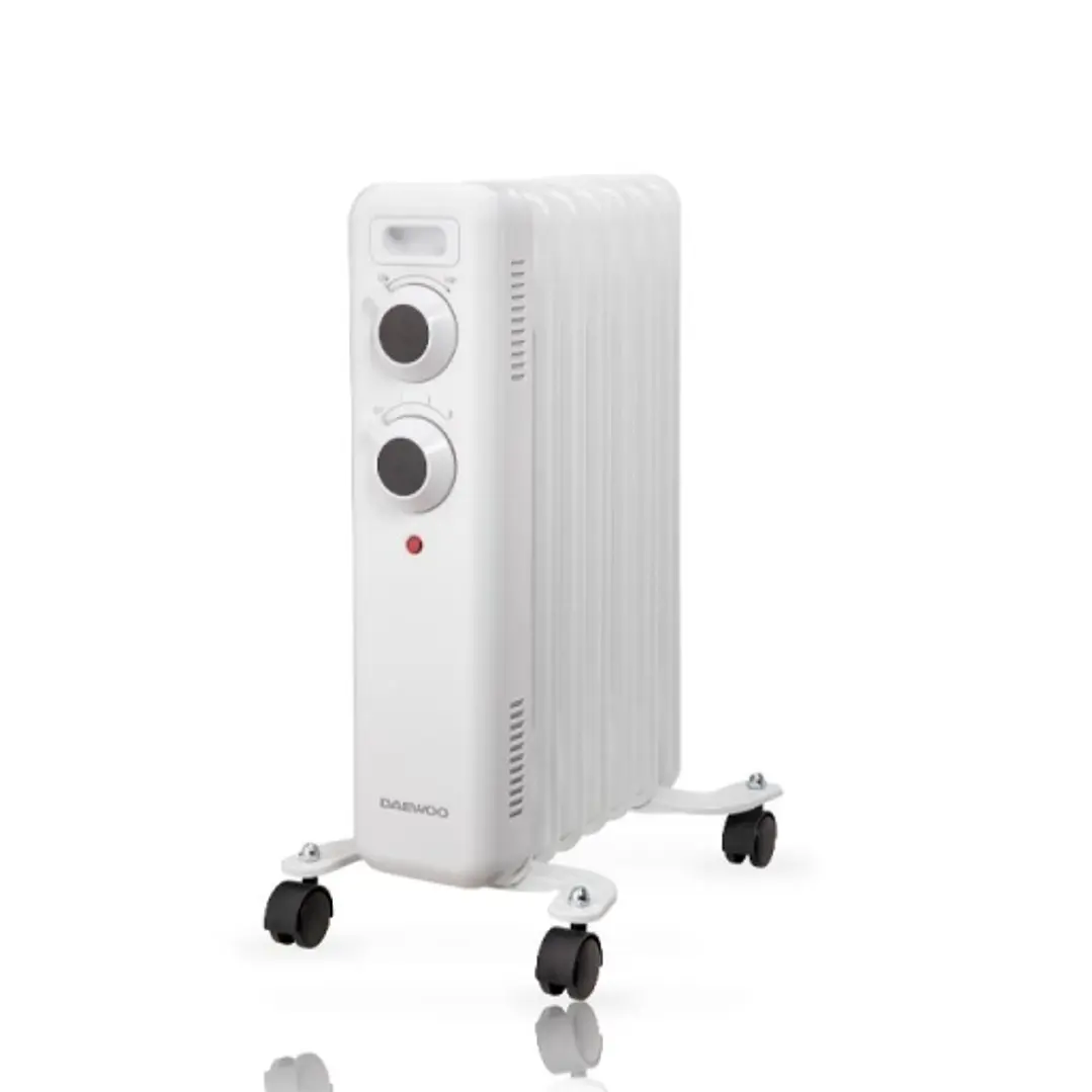 Daewoo DW9502 Radiador de Aceite - Potencia 1500W - 7 Elementos - Termostato Regulable - Ruedas - Asa de Transporte - Indicador Luminoso - Color Blanc 1