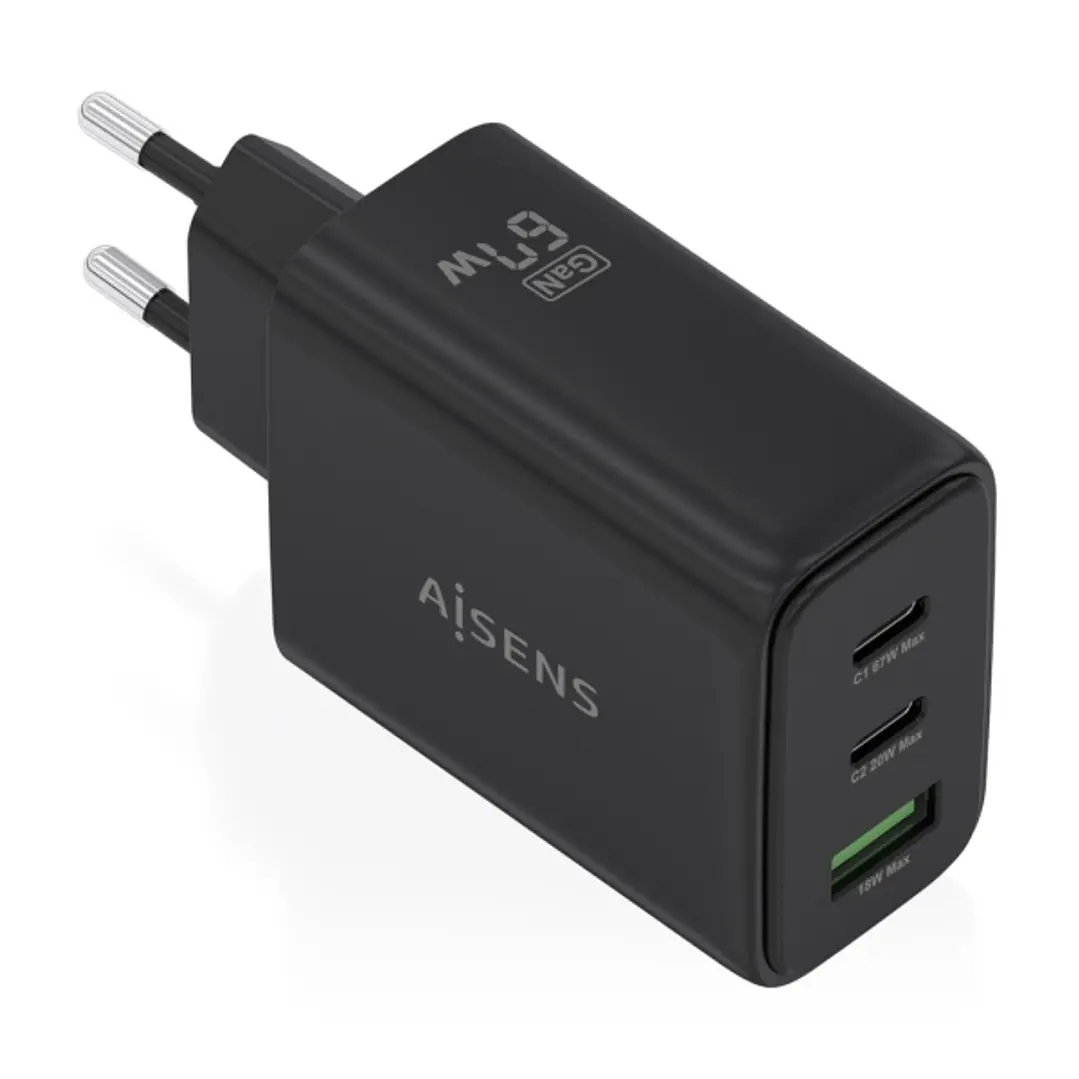 Aisens Cargador GAN 67W - 2x USB-C PD3.0 QC4.0 - 1xUSB-A QC3.0 - Color Negro 1