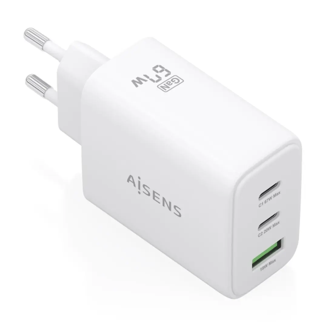Aisens Cargador GAN 67W - 2x USB-C PD3.0 QC4.0 - 1xUSB-A QC3.0 - Color Blanco 1