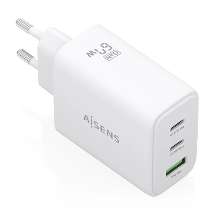 Aisens Cargador GAN 67W - 2x USB-C PD3.0 QC4.0 - 1xUSB-A QC3.0 - Color Blanco 1