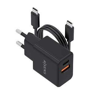 Aisens Cargador Gan 20W - 1xUSB-C PD3.0 - 1xUSB-A QC3.0 - Cable USB-C 1m - Color Negro