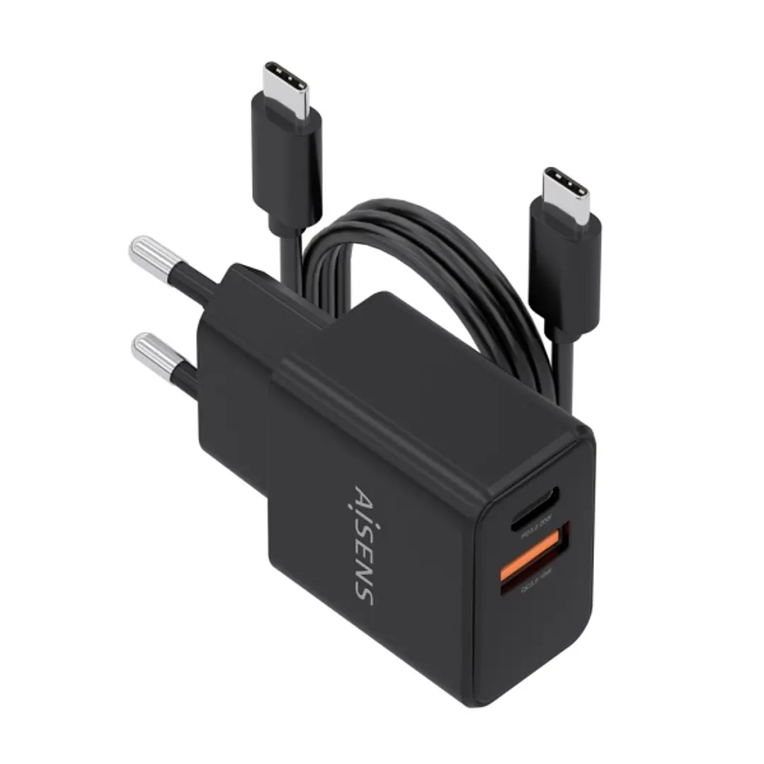 Aisens Cargador Gan 20W - 1xUSB-C PD3.0 - 1xUSB-A QC3.0 - Cable USB-C 1m - Color Negro 1