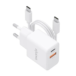 Aisens Cargador Gan 20W - 1xUSB-C PD3.0 - 1xUSB-A QC3.0 - Cable USB-C 1m - Color Blanco