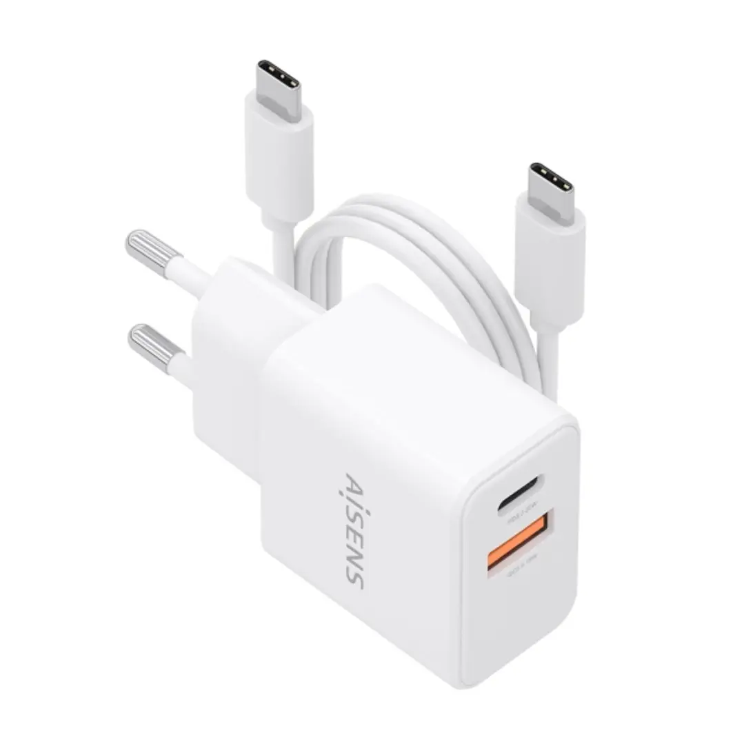 Aisens Cargador Gan 20W - 1xUSB-C PD3.0 - 1xUSB-A QC3.0 - Cable USB-C 1m - Color Blanco 1