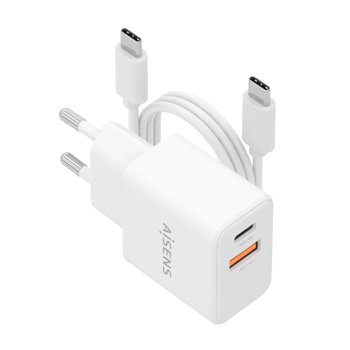 Aisens Cargador Gan 20W - 1xUSB-C PD3.0 - 1xUSB-A QC3.0 - Cable USB-C 1m - Color Blanco 1