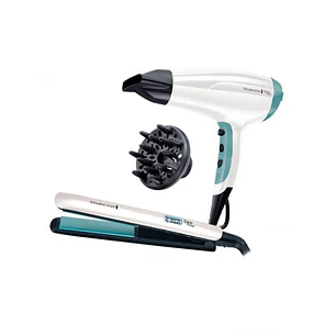 Remington Shine Therapy Pack Secador y Plancha de Pelo - 2300W - Secador con Rejilla Ceramica-Ionica - Plancha de Placas Ceramicas con Recubrimiento d