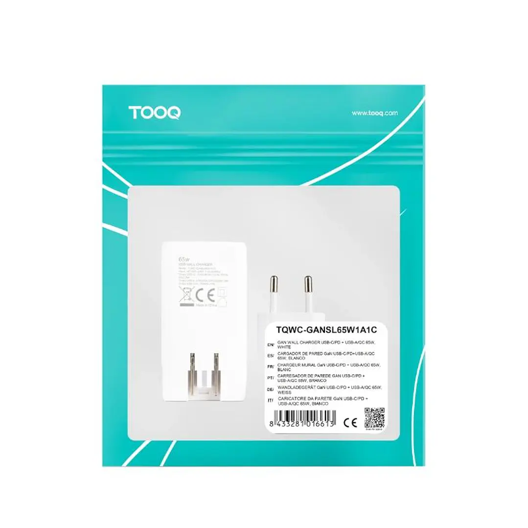 Tooq Cargador pared GAN USB-C/PD + USB-A/QC 65W 4