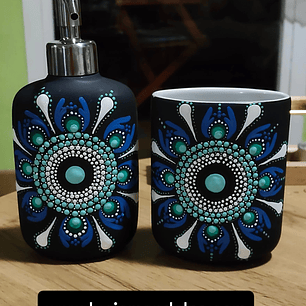 JABONERA NEGRA Y AZUL CON VASO A JUEGO