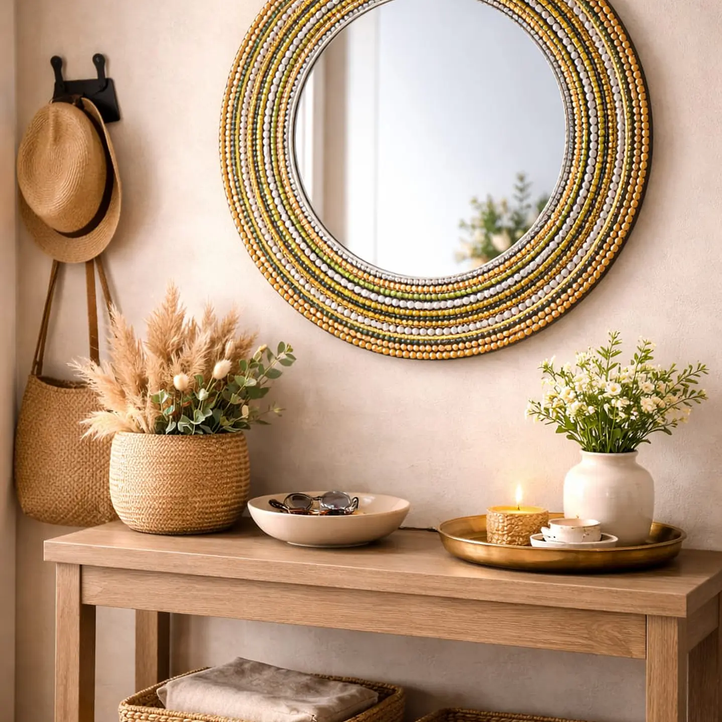 ESPEJO MANDALA ORBES DORADAS Y VERDES 45 CM CON 30 CM DE ESPEJO 1