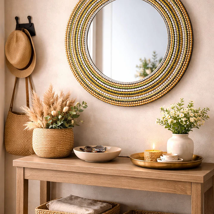 ESPEJO MANDALA ORBES DORADAS Y VERDES 45 CM CON 30 CM DE ESPEJO 1