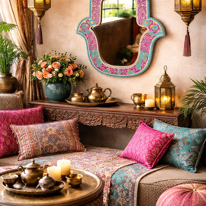 ESPEJO MANO DE FATIMA FUCSIA Y TURQUESA 40 CM  2