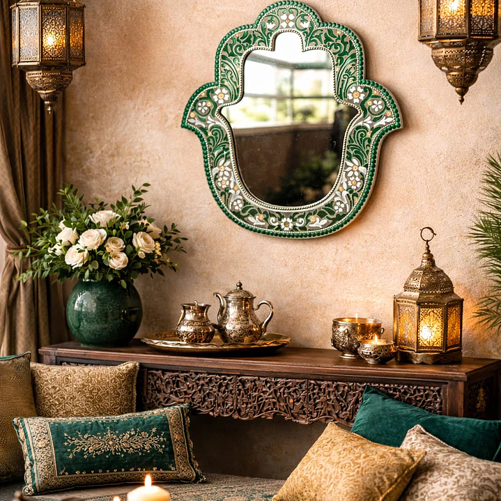 ESPEJO MANO DE FATIMA VERDE Y BLANCO 40 CM  2