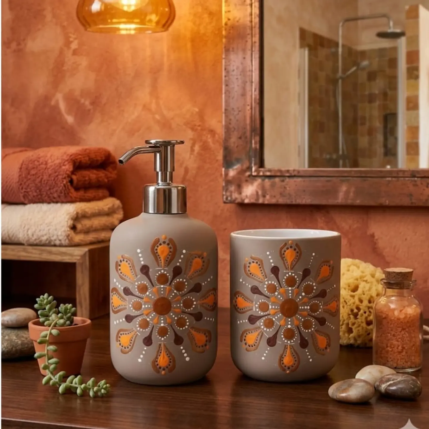 JABONERA BEIGE CON VASO A JUEGO PARA BAÑO 1