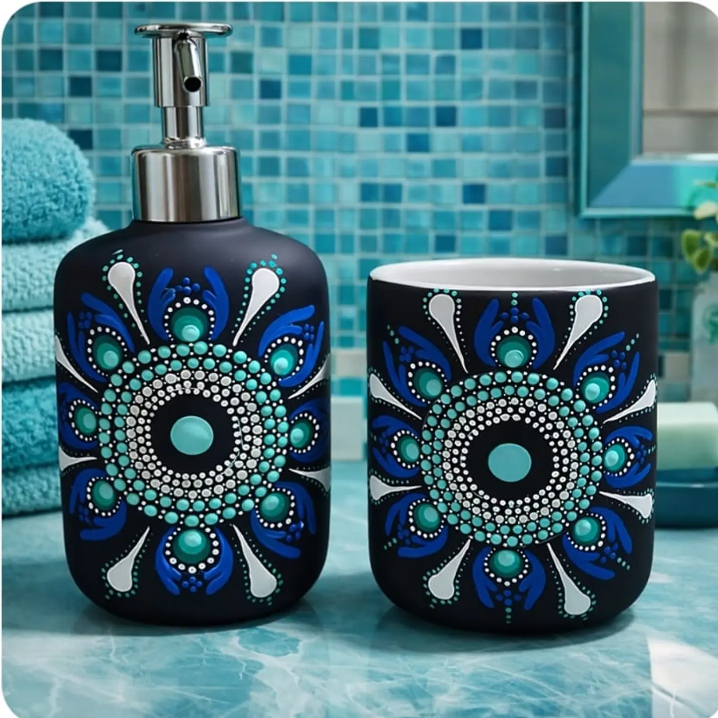 JABONERA NEGRA Y AZUL CON VASO A JUEGO 1