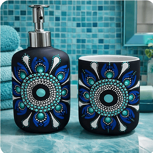 JABONERA NEGRA Y AZUL CON VASO A JUEGO