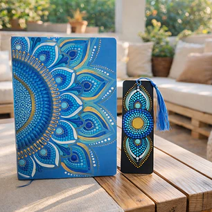 libreta azul con marca paginas a juego