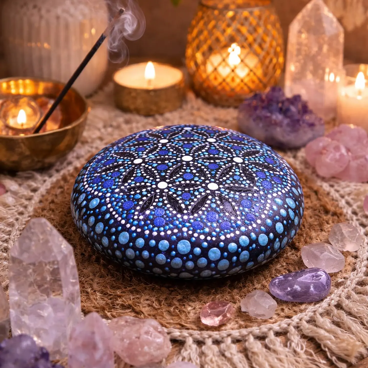 PIEDRA MANDALA FLOR DE LA VIDA AZUL 10 CM 1