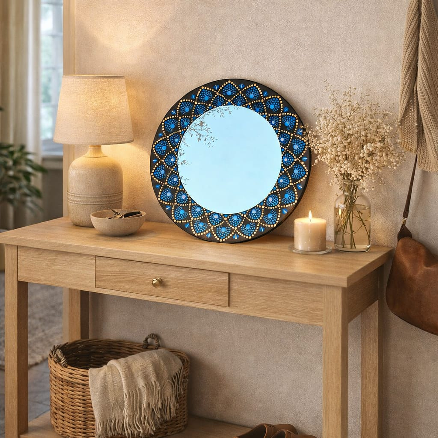 espejo mandala 30 cm azul