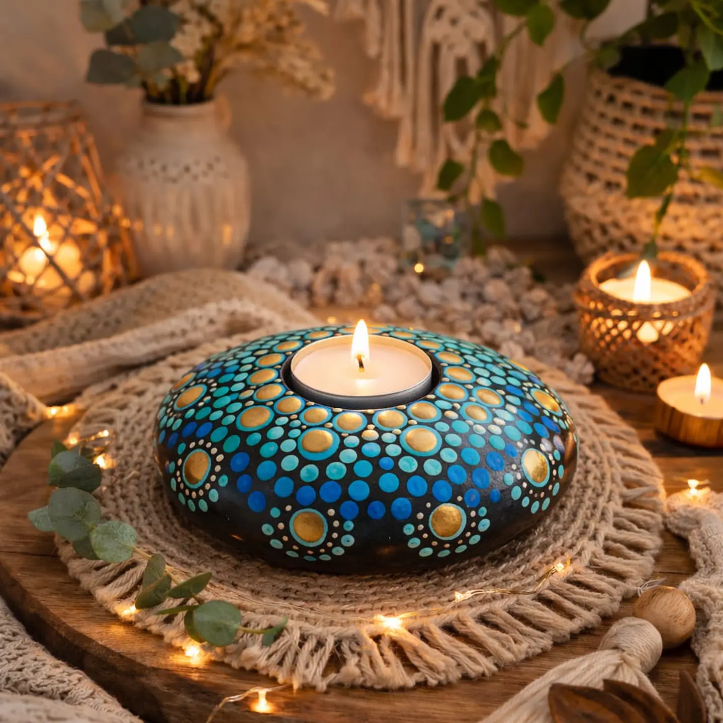 PORTA VELA AZUL Y DORADO 10 x 3 cm  1