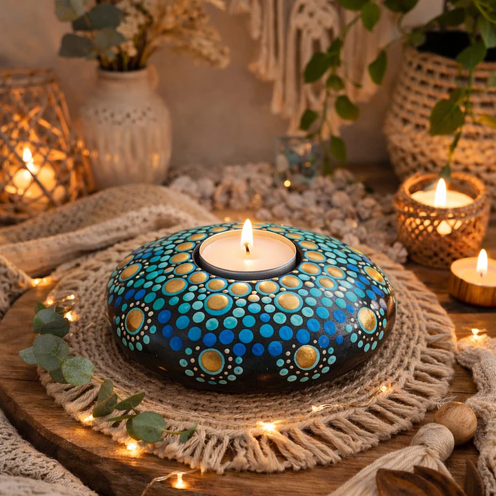 PORTA VELA AZUL Y DORADO 10 x 3 cm  1