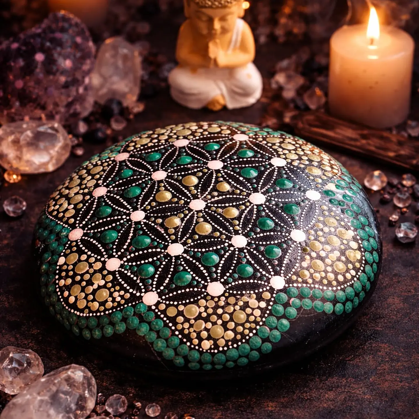 PIEDRA MANDALA FLOR DE LA VIDA VERDE 15 CM 1