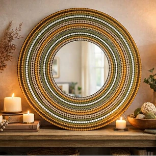 Espejo mandala 45 cm con espejo 20 cm orbes doradas y verdes