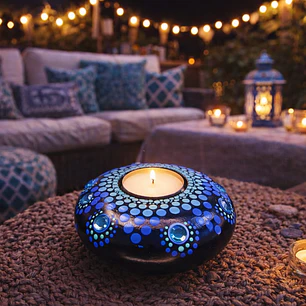 PORTA VELAS AZUL CON GEMAS 10 CM 