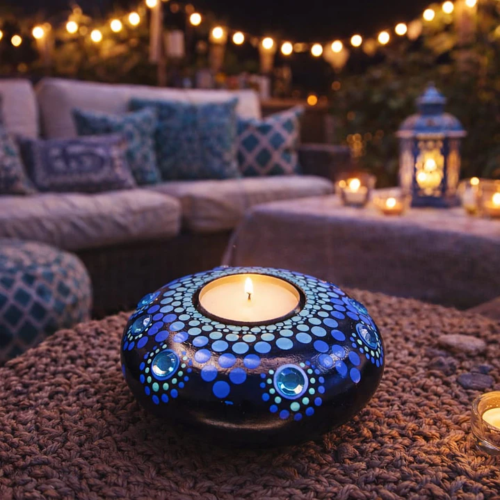 PORTA VELAS AZUL CON GEMAS 10 CM  1