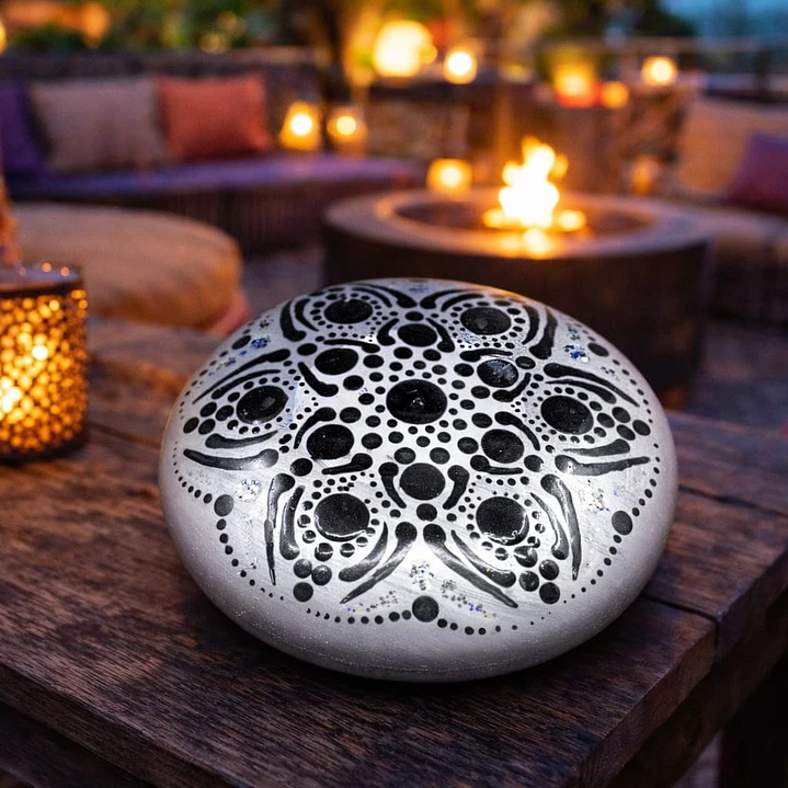 PIEDRA MANDALA PLATEADA Y NEGRA 10 CM 1