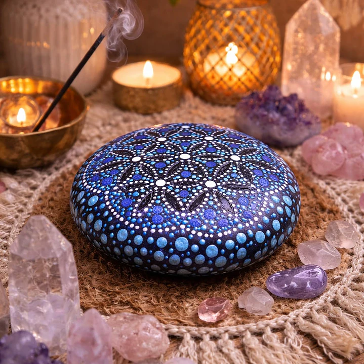 PIEDRA MANDALA FLOR DE LA VIDA AZUL 10 CM  1