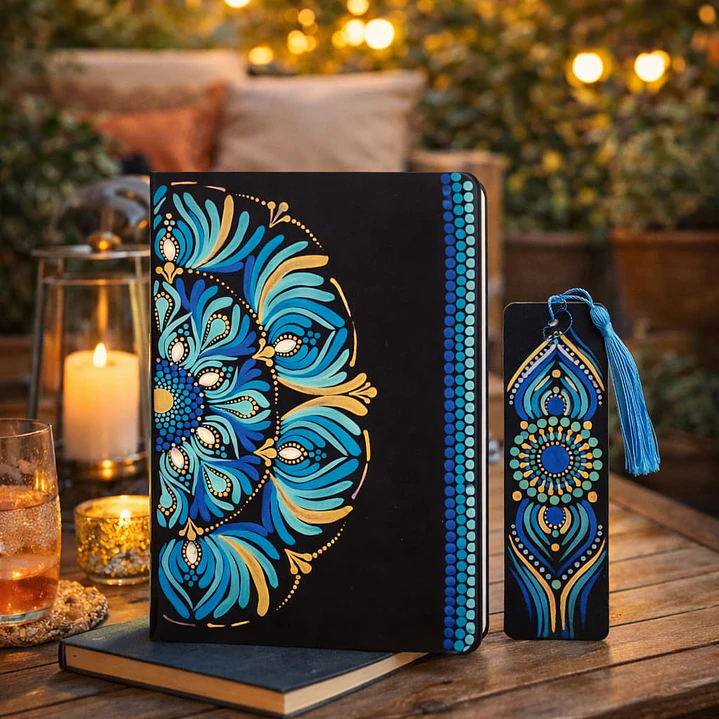 AGENDA MANDALA FLOR AZUL MARCA PÁGINA A JUEGO 1