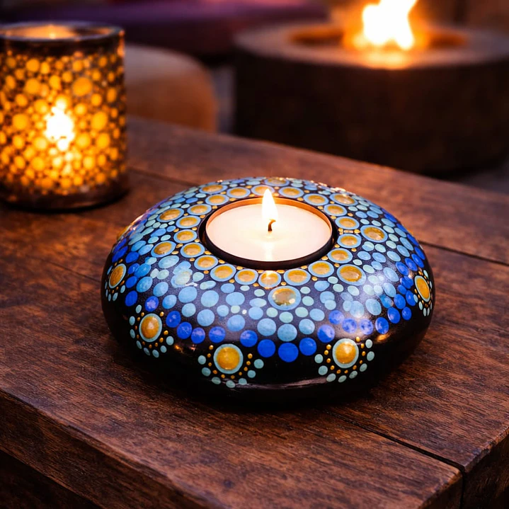 PORTA VELA AZUL Y DORADO 10 x 3 cm  2