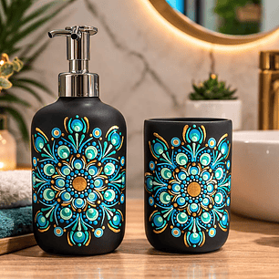 JABONERA MANDALA VERDE Y VASO A JUEGO 