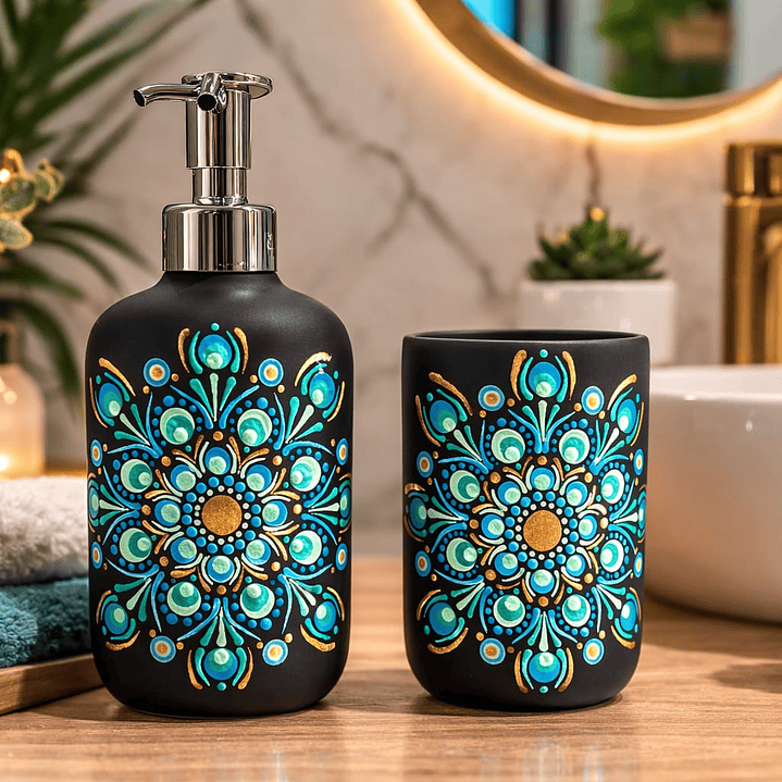 JABONERA MANDALA VERDE Y VASO A JUEGO  1