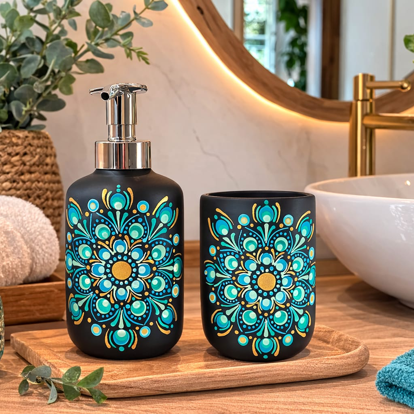 JABONERA MANDALA VERDE Y VASO A JUEGO  2