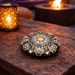 PIEDRA MANDALA FLOR DORADA Y BLANCA 8,5 CM