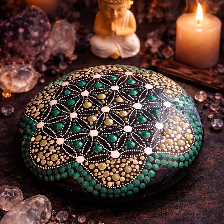 PIEDRA MANDALA flor de la vida verde 15 CM 1